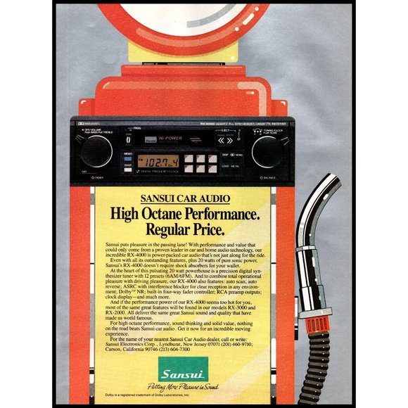 1985 Sansui Car Audio Stereo Vintage Print Ad Orange Gas Pump Audiophile Decor - Picture 1 of 1